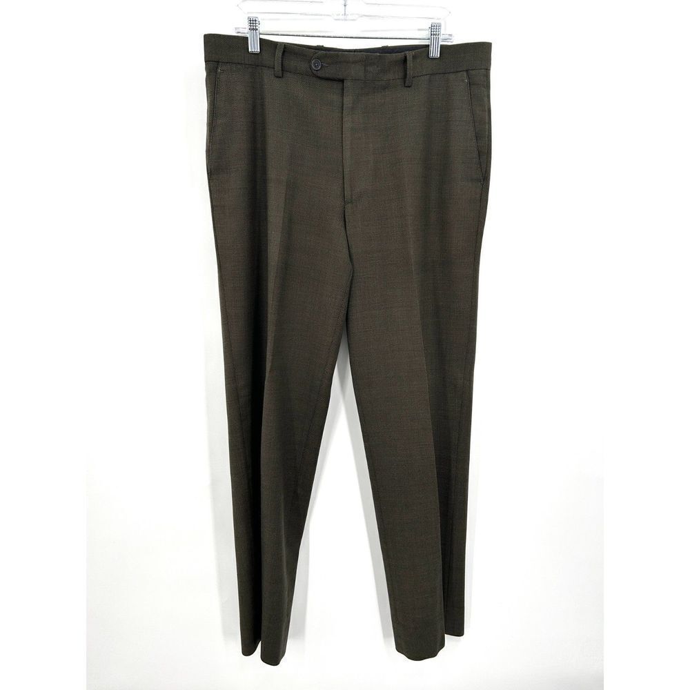 LINEA NATURALE Luxe Men's 100% Wool Olive Green Straight Leg Dress Pants Size 35